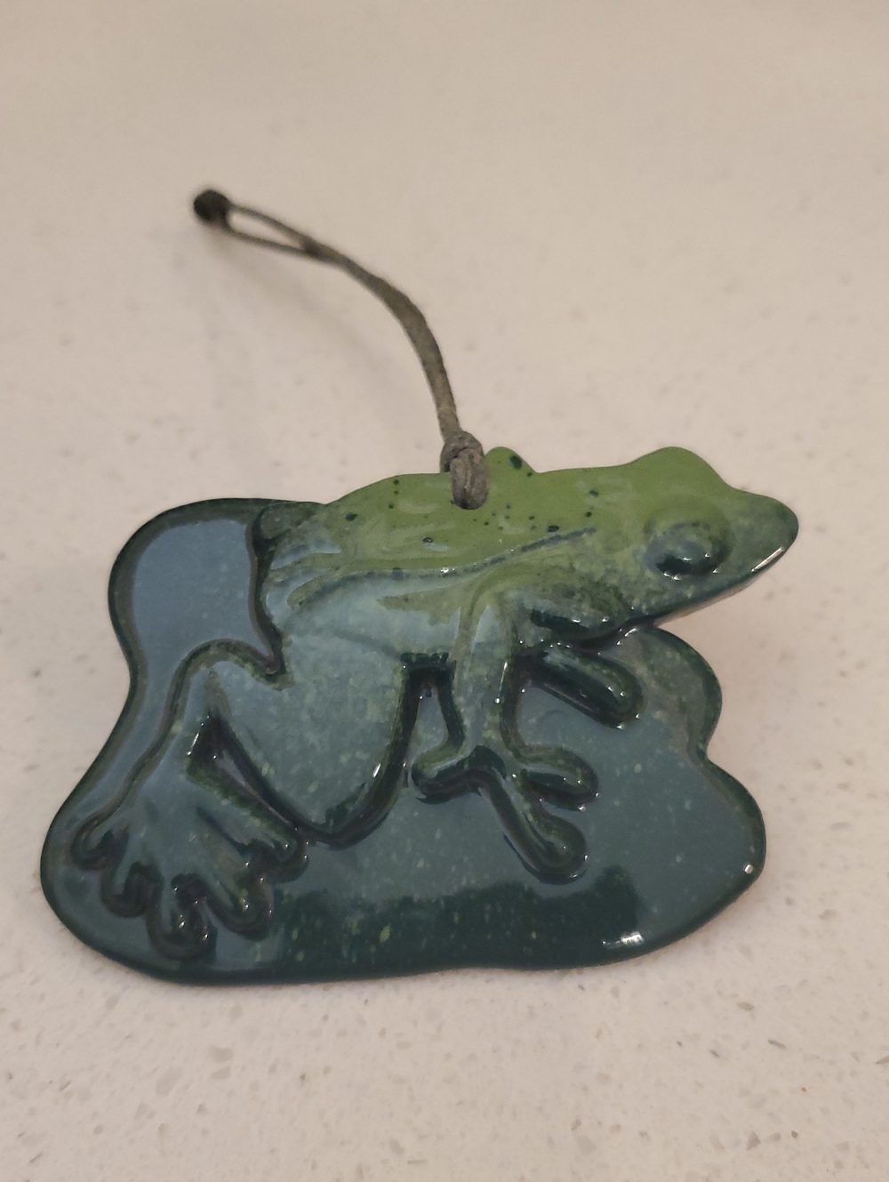 Glossy Terracotta Frog Plaque Ornament with rustic cord for hanging